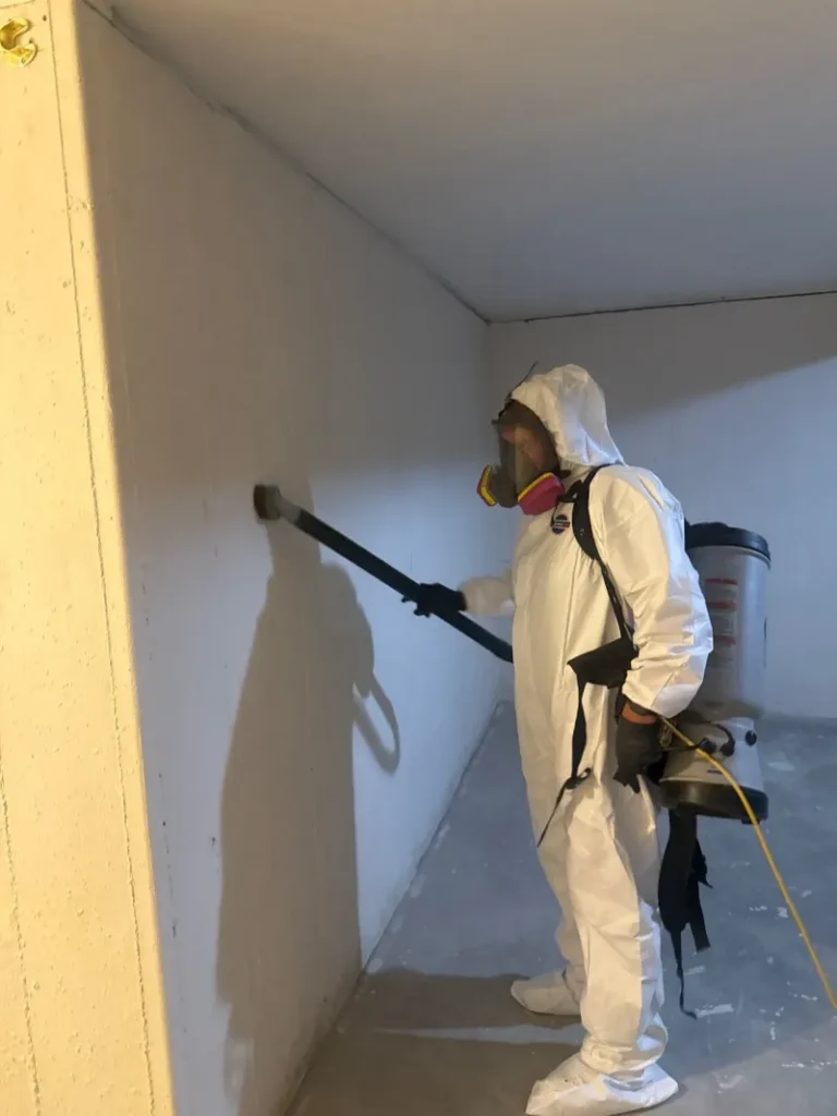 Person in protective suit and mask spraying or disinfecting a wall indoors.