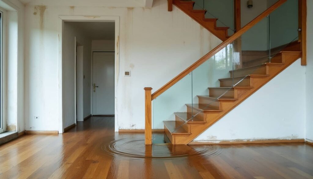 Flooded living room with water pooling under a wooden staircase.