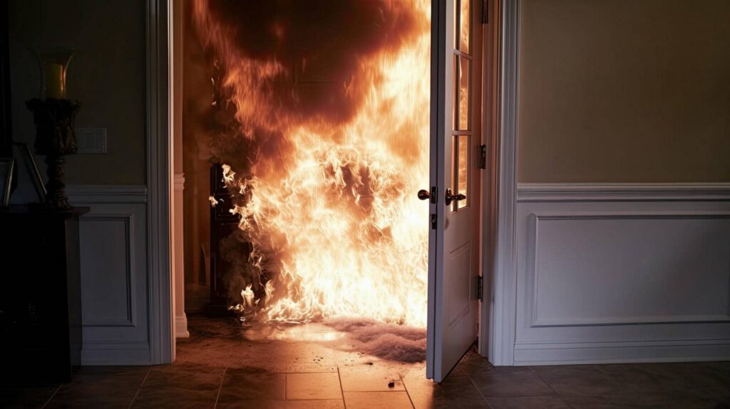 Fire blazing inside a room visible through an open door.