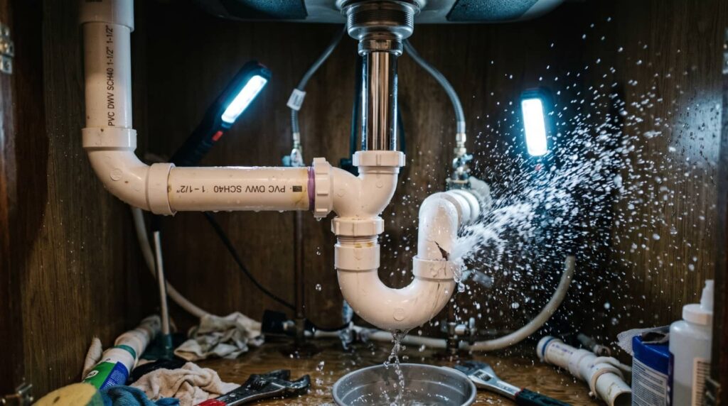 Leaking under-sink plumbing spraying water.