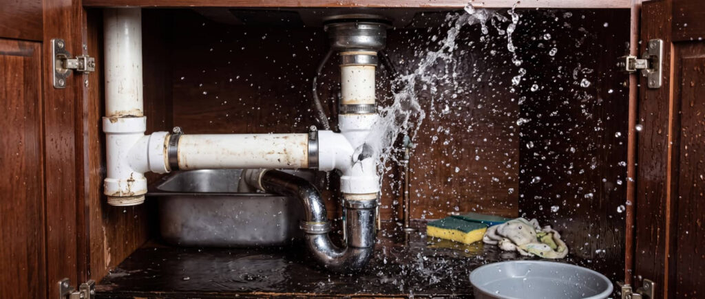 Burst pipe under a kitchen sink spraying water inside a cabinet.