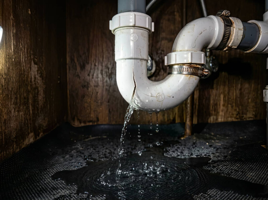 Leaking under-sink drain pipe dripping into a puddle.