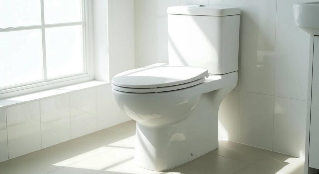 White modern toilet in a bright bathroom with sunlight streaming through a window.