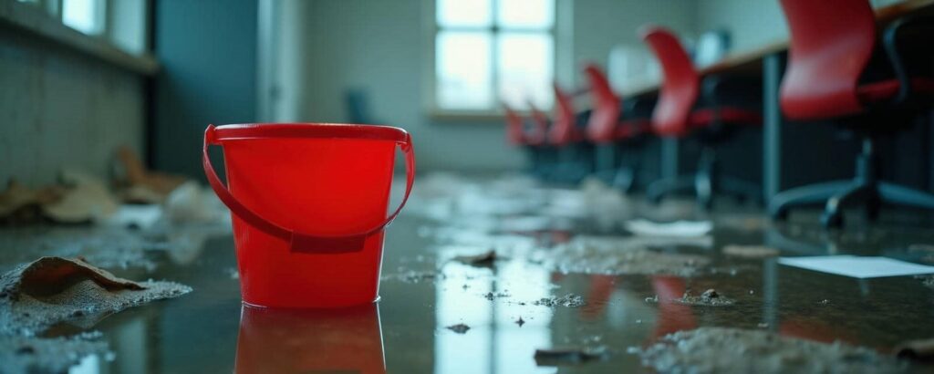 Red bucket on a wet floor with scattered debris in an office space with red chairs.