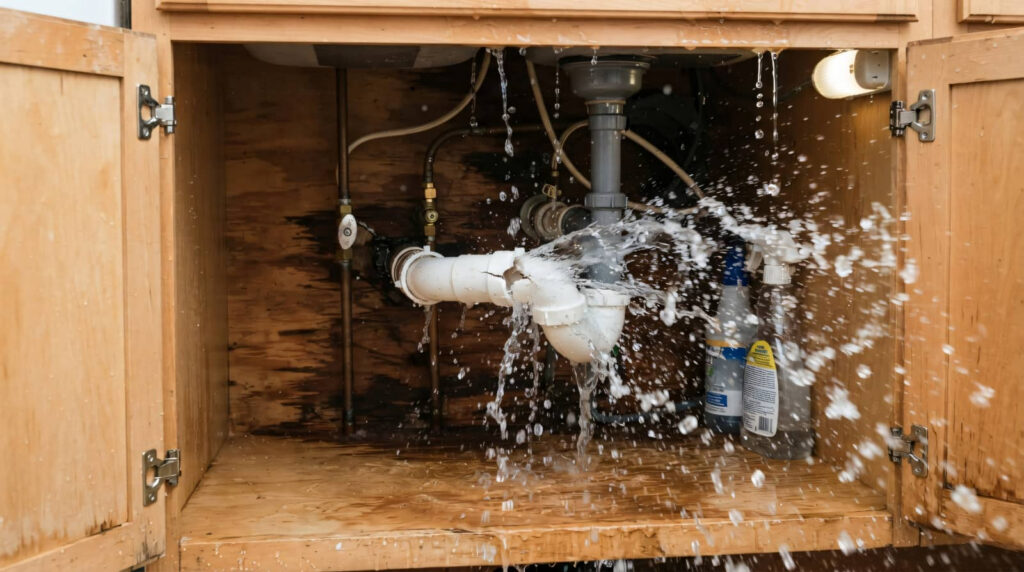 Burst pipe spraying water inside a kitchen cabinet.