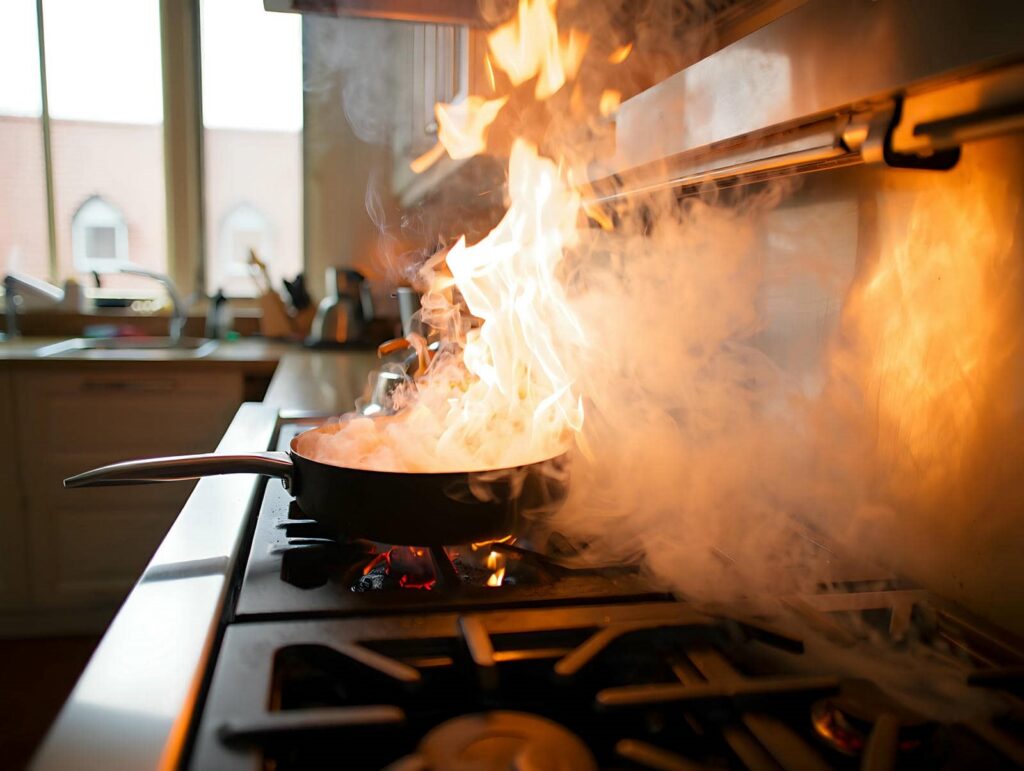 Flames and smoke rising from a frying pan on a gas stove in a kitchen.