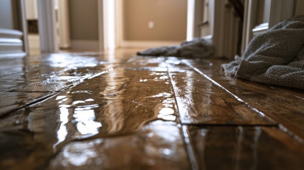 Water flooding a hardwood floor in a hallway.