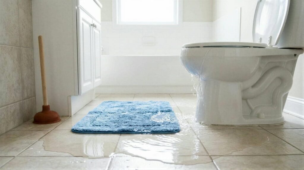 Water leaking from a toilet onto a bathroom floor with a blue rug and a plunger nearby.