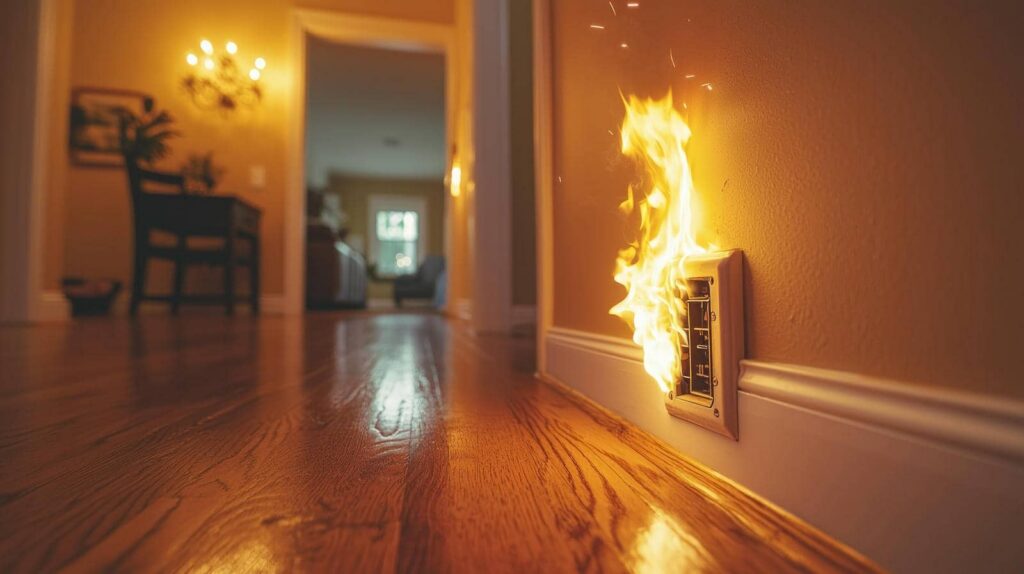 Electrical outlet on fire along a hallway wall with wooden flooring.