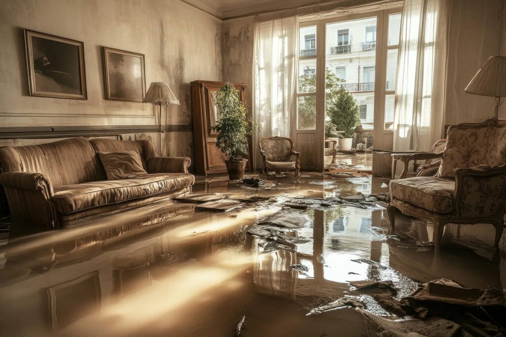 Flooded living room with vintage furniture and damaged floorboards reflecting sunlight.