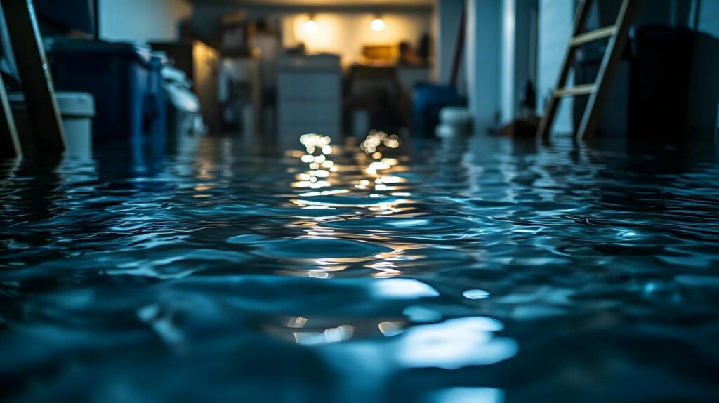 Flooded indoor space with water covering the floor and blurred furniture in the background.