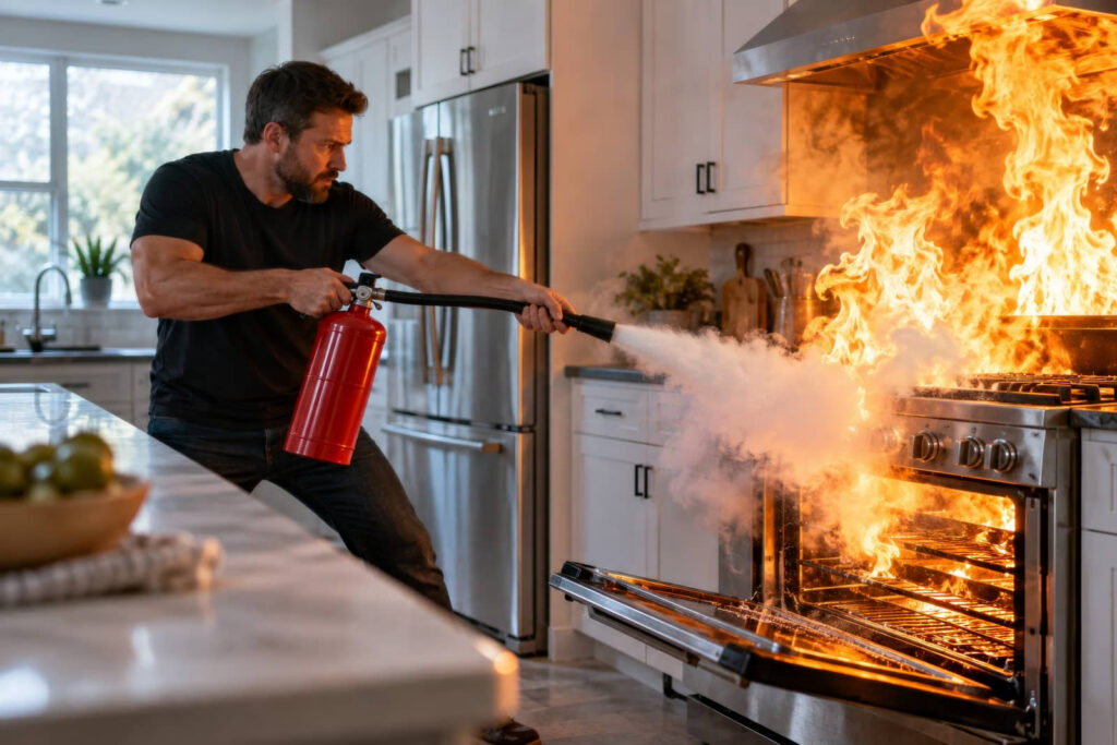 Man using a fire extinguisher on a kitchen stove fire.