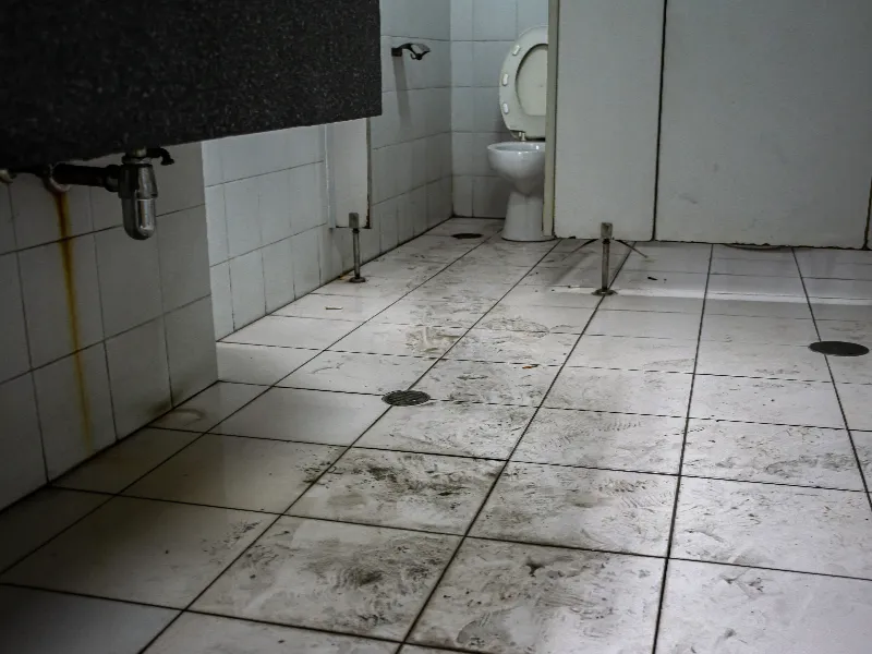 Dirty tiled floor with muddy footprints leading to an open toilet in a restroom stall.