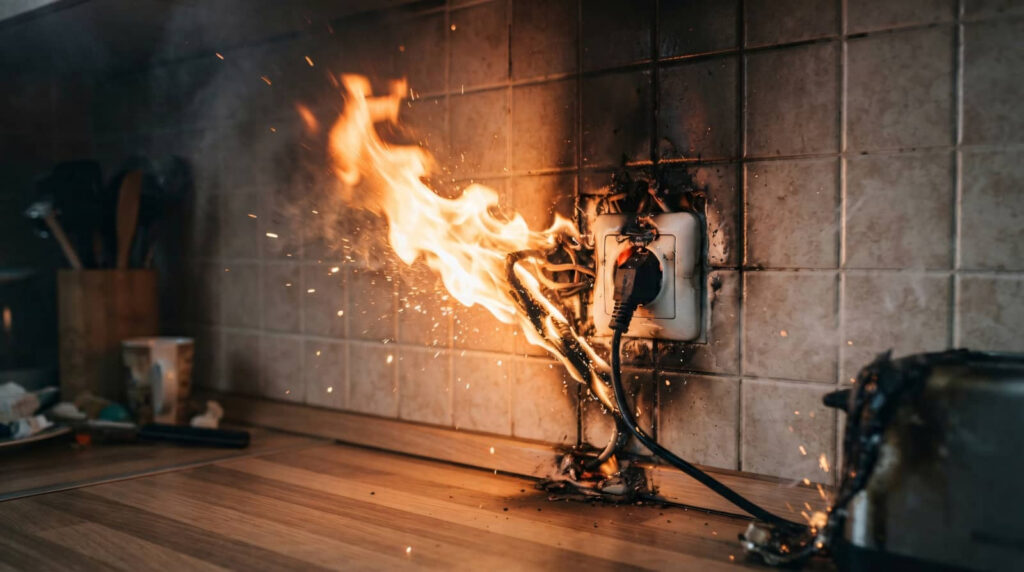Electrical outlet on fire with flames and sparks in a kitchen.