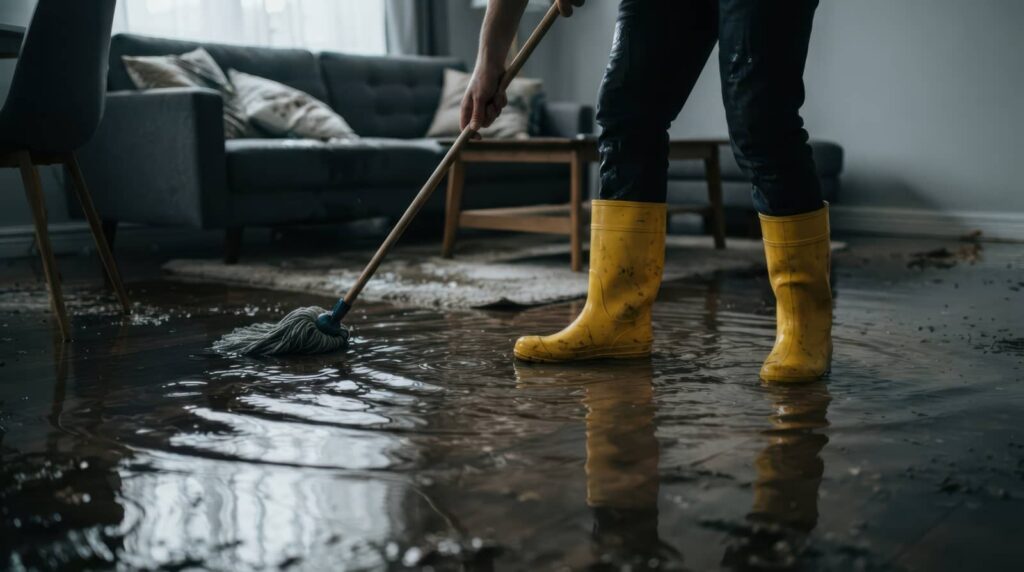 Person in yellow boots mops floodwater in a living room.