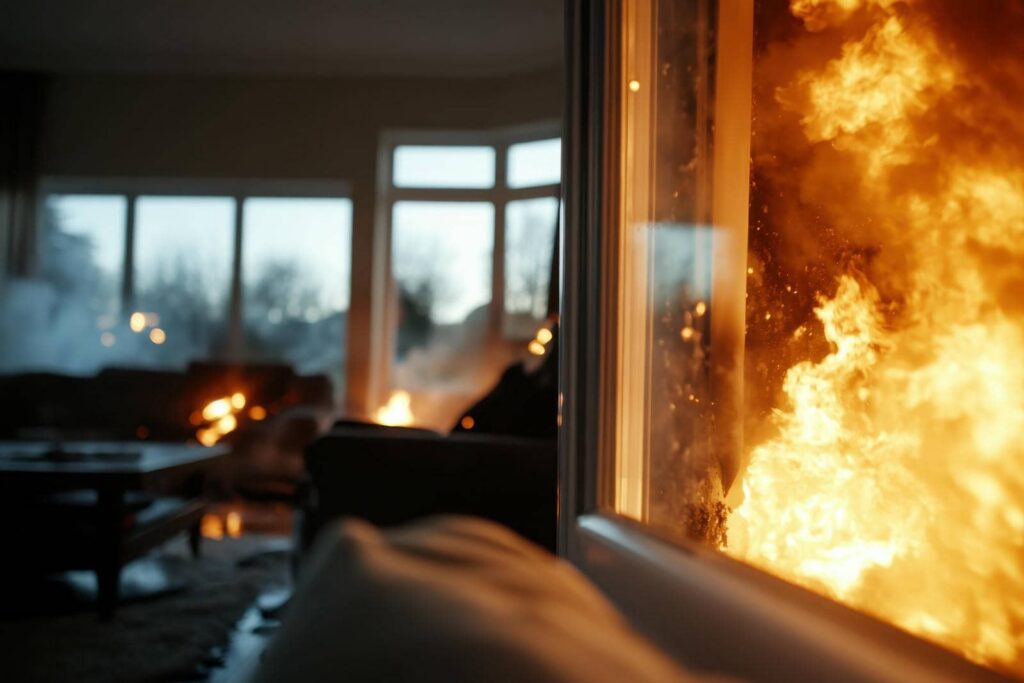 Large flames engulf a window with a dark, blurry interior visible in the background.