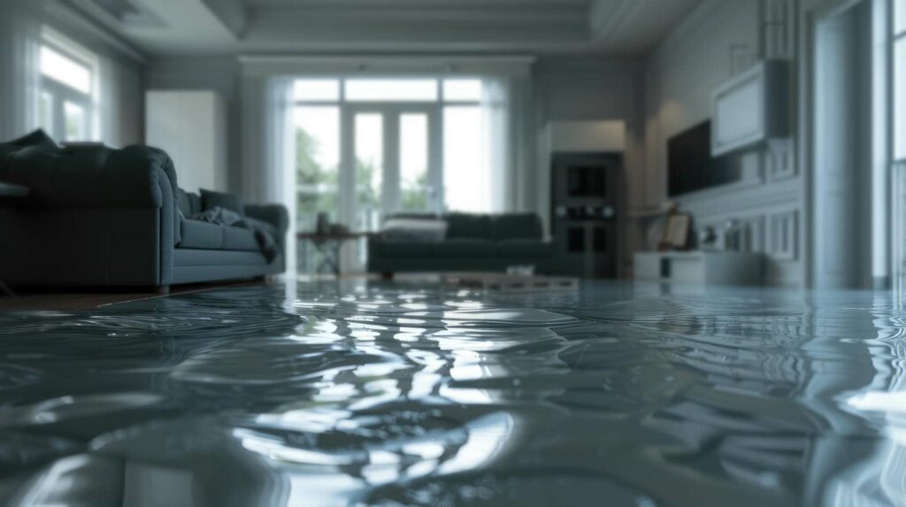Living room flooded with water covering the floor and sofas in the background.