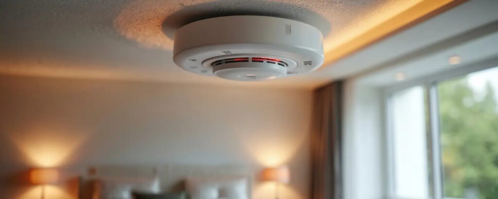 Ceiling smoke detector in a bedroom.