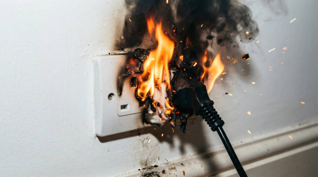 Electrical outlet on fire with a plugged-in cord and smoke.