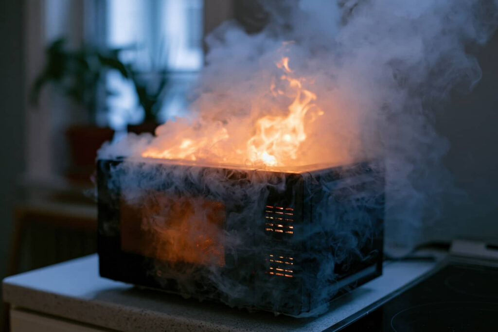 Microwave on fire, filled with smoke and flames.