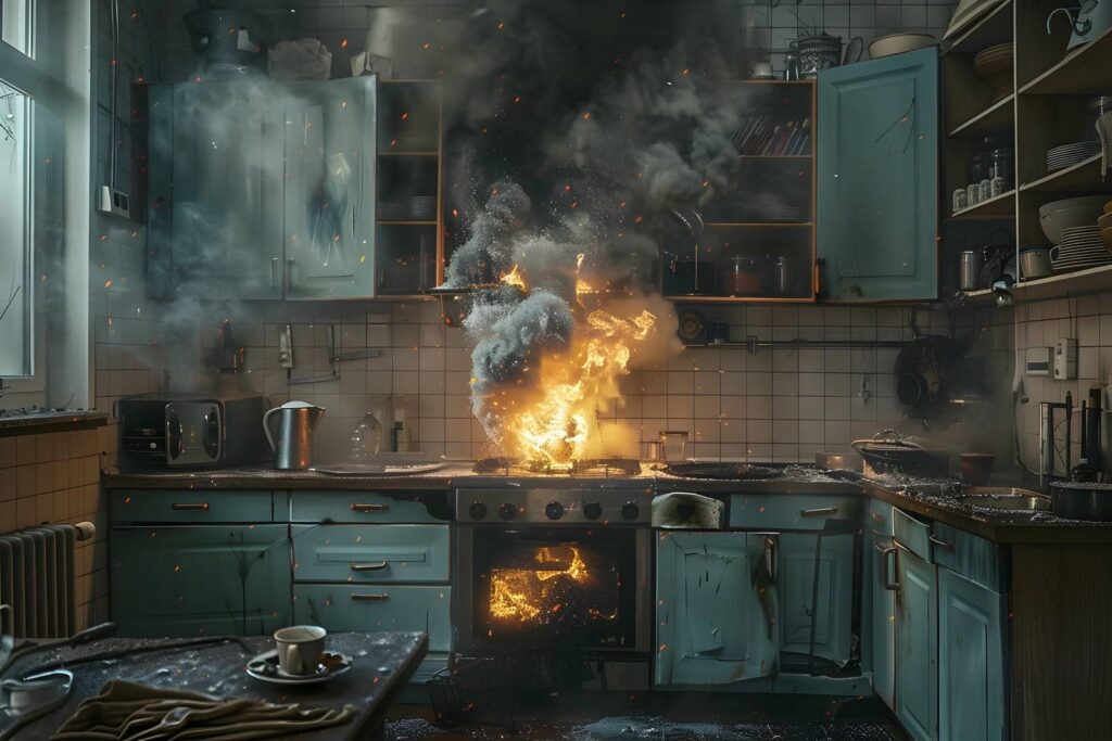 Kitchen stove on fire with flames, smoke, and sparks spreading to cabinets and countertop.