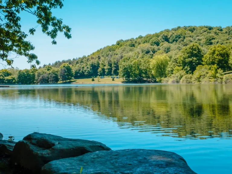 Calm lake reflecting green trees and a hill under a clear blue sky.