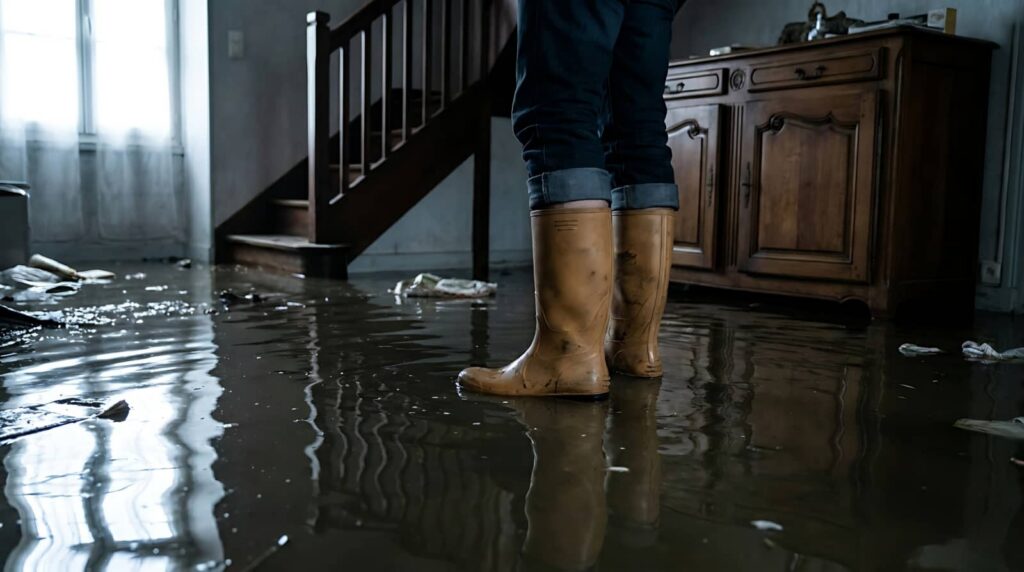 Person in rain boots standing in a flooded room.