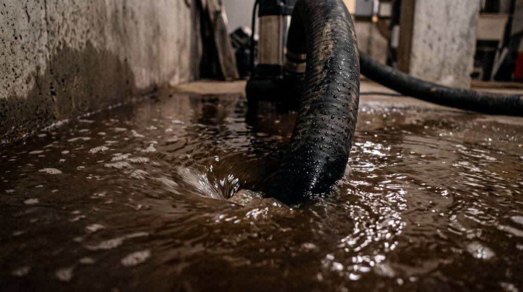 Floodwater swirling around a large black hose in a basement.