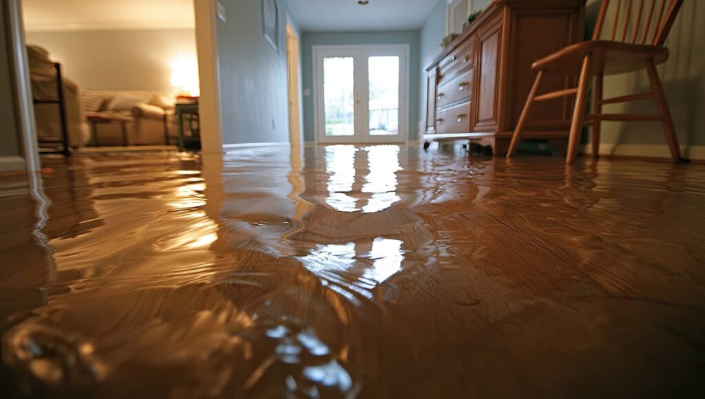 Flooded hallway with water covering the floor in a home.