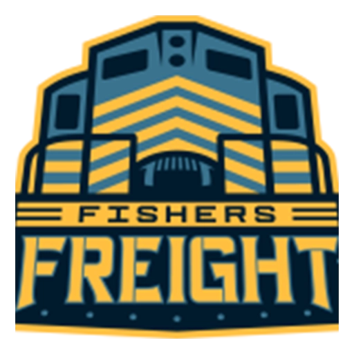 Front view of a stylized freight train with the text "Fishers Freight" below it.