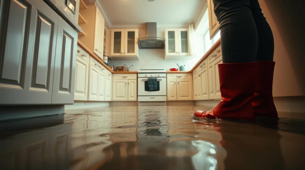 Flooded kitchen with a person wearing red boots standing in water.