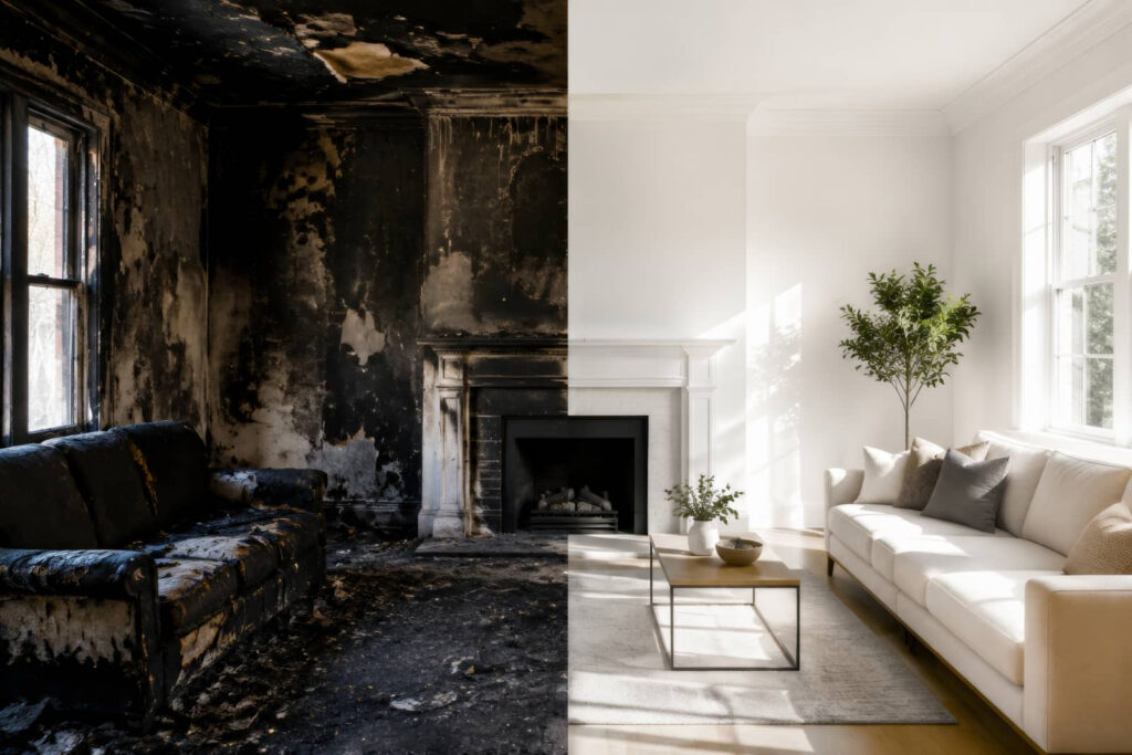 Split-view living room before-and-after fire damage restoration.