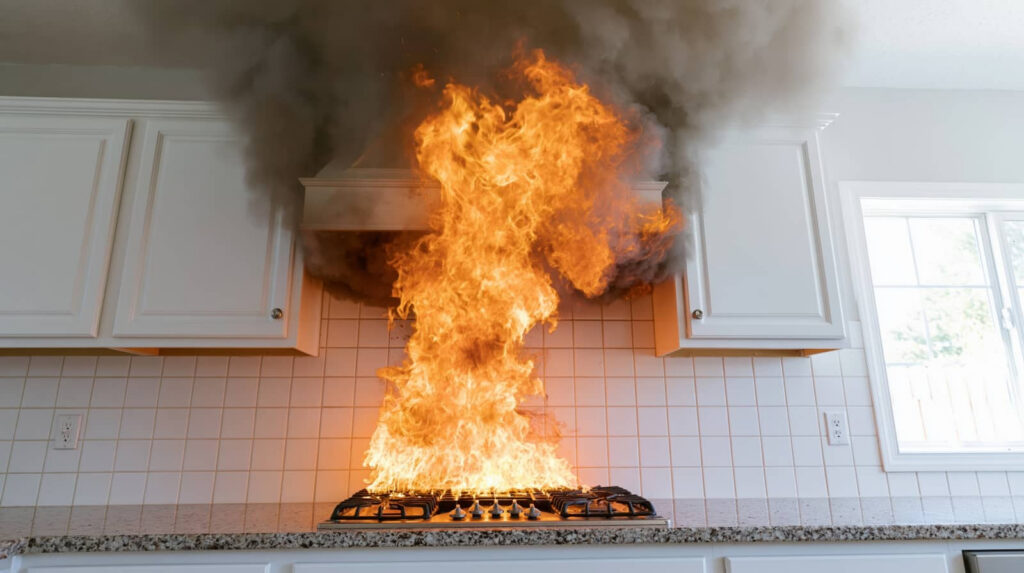 Kitchen stove fire with flames and thick smoke under the range hood.