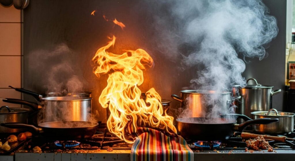 Flames engulf a striped towel on a stove surrounded by steaming pots and pans.