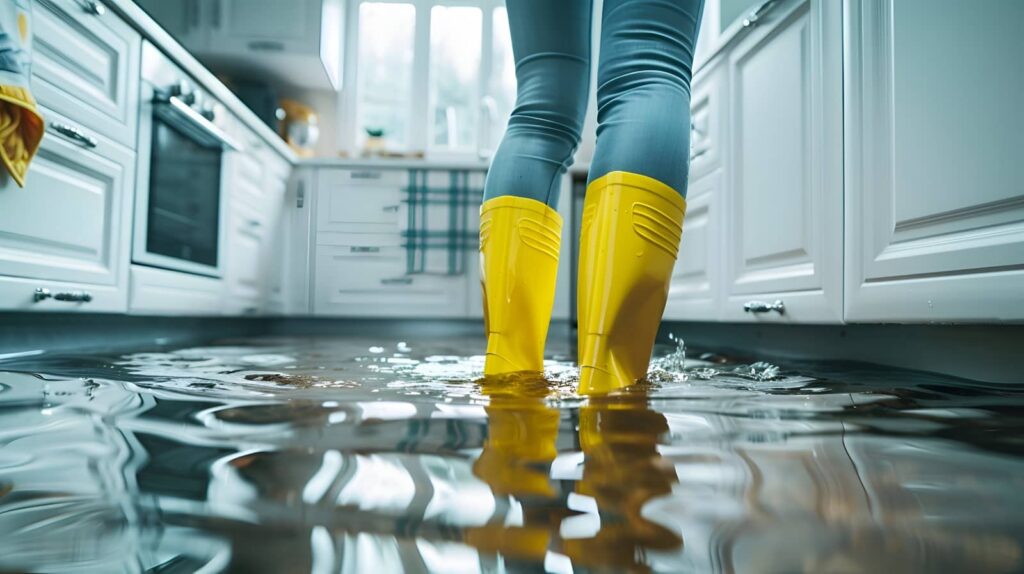 Person in yellow boots standing in a flooded kitchen.