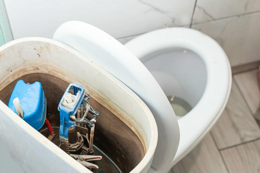 Open toilet tank showing internal flushing mechanism with blue and white components.