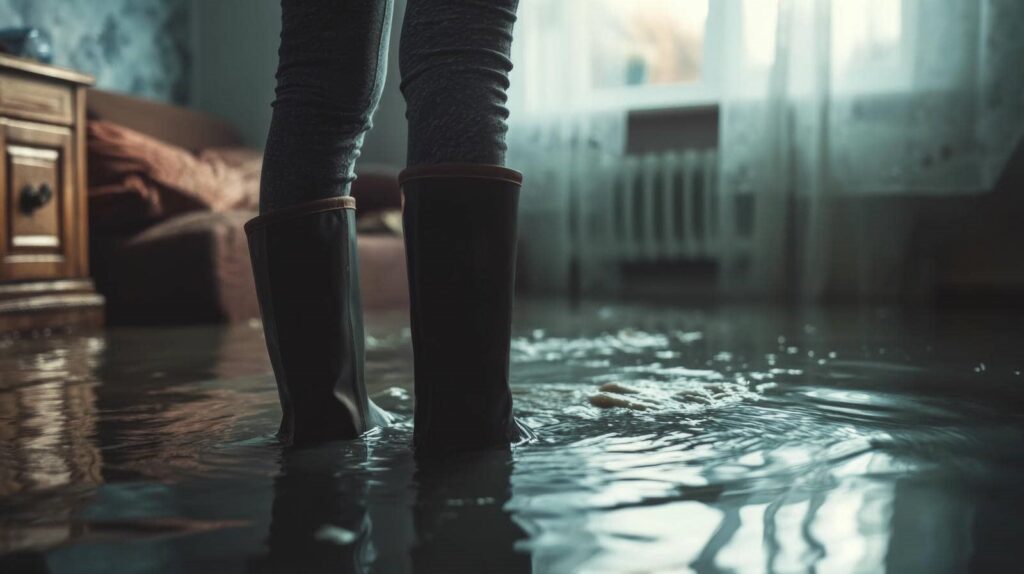 Person wearing boots standing in a flooded room with water covering the floor.