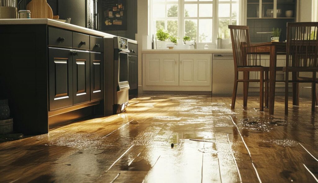 Sunlight reflecting off a wet wooden kitchen floor near dark cabinets and a dining table.
