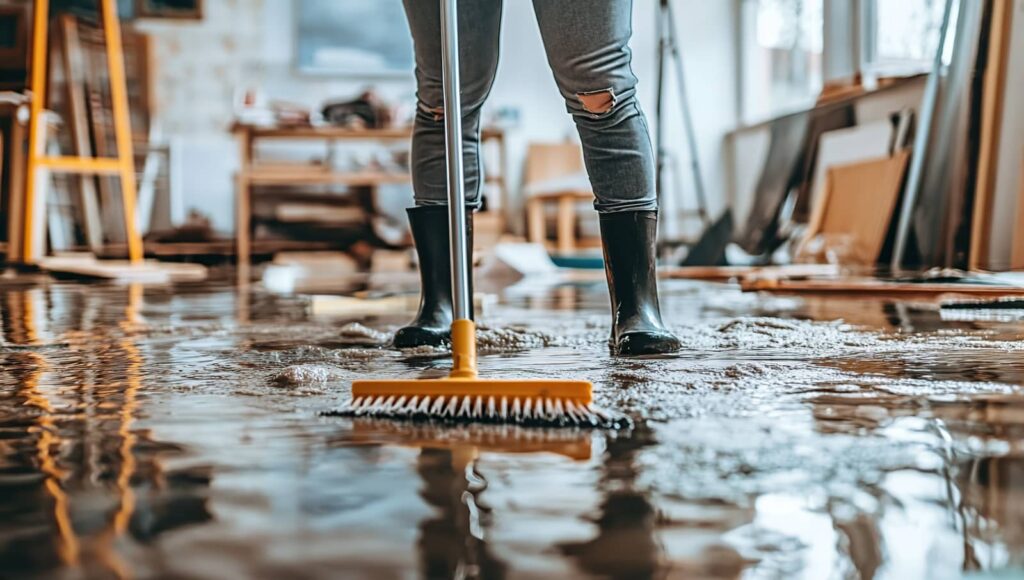 Person mopping floodwater in a room.