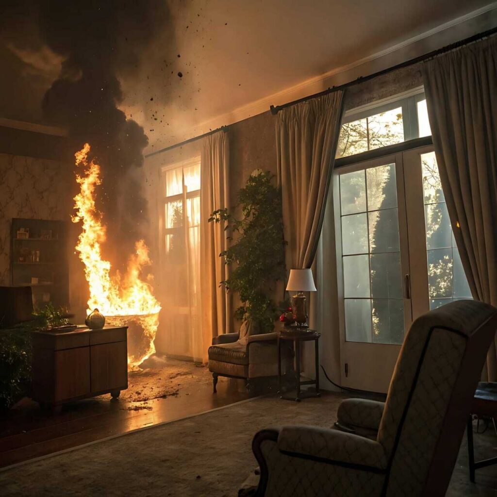 Fire blazing in a planter inside a living room with furniture and large windows.