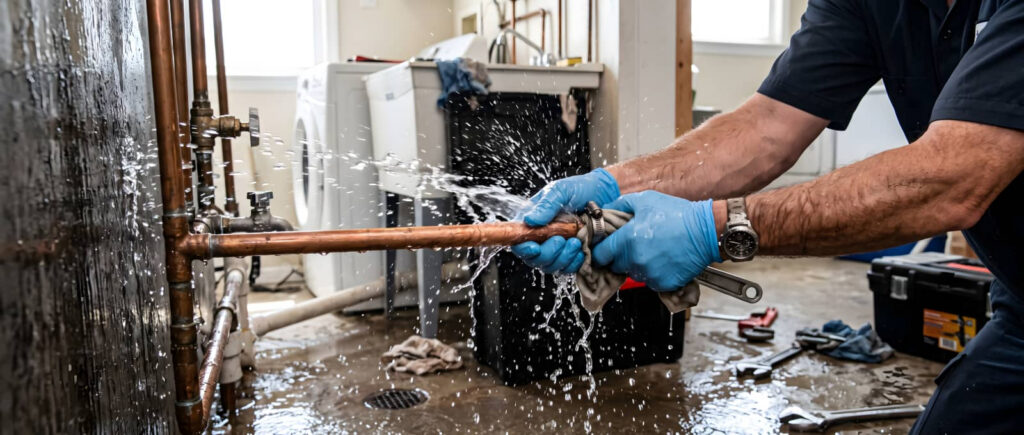 Plumber repairing a burst copper pipe with water spraying everywhere.