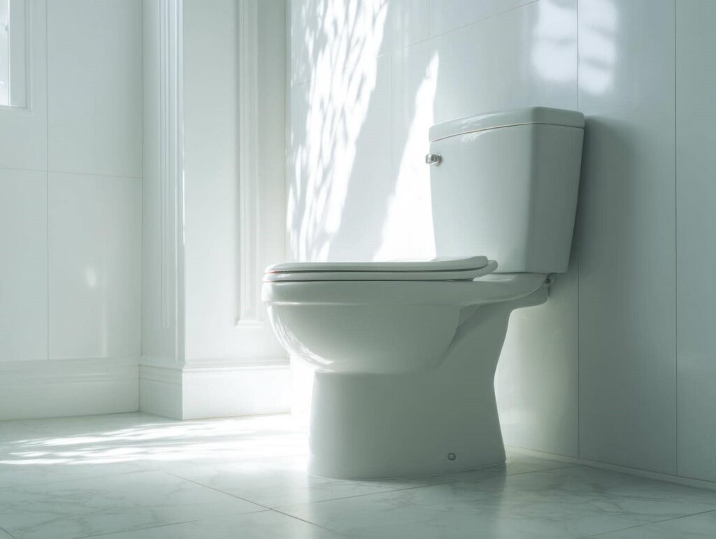 White toilet with closed lid in a bright, sunlit bathroom corner.