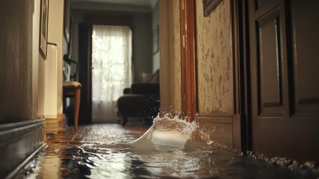 Water splashing and flooding a hallway inside a house.