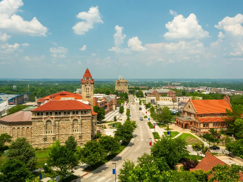 Aerial view of a tree-lined street flanked by historic stone buildings with red roofs under a partly cloudy sky.