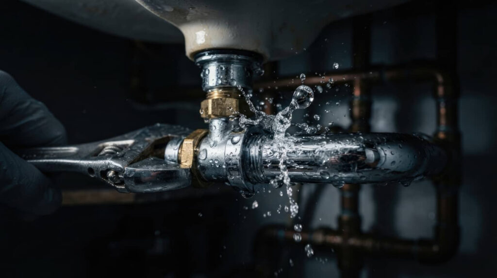 A leaking pipe joint spraying water as it’s being tightened with a wrench.
