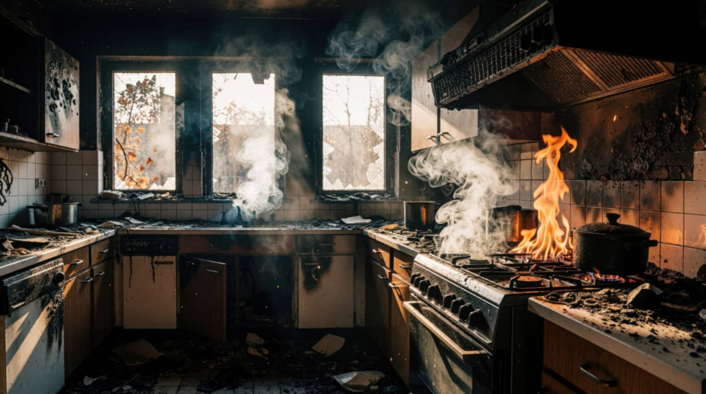 Burned kitchen with smoke and flames on the stove.