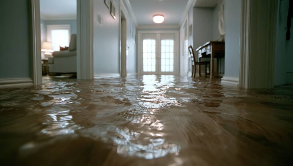 Flooded hallway in a home with water covering the floor.