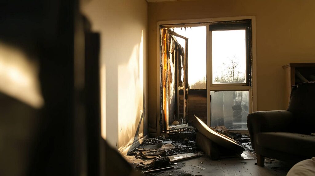 Burned room with charred debris and a damaged door leading outside.