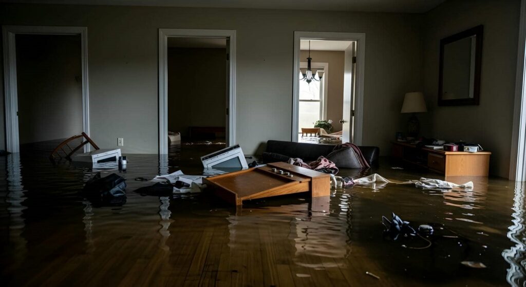 Living room flooded with water, furniture and objects partially submerged and floating.
