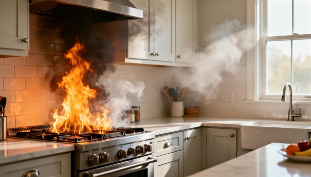Flames and smoke rising from a gas stove burner in a kitchen.